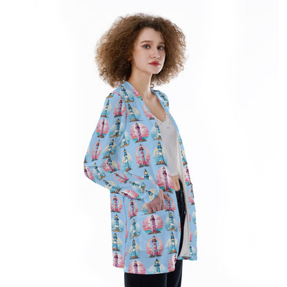 Pink & Blue Lighthouse Sweater Nautical Coastal Knit Top Cruise & Beach Vacation Wear Pockets