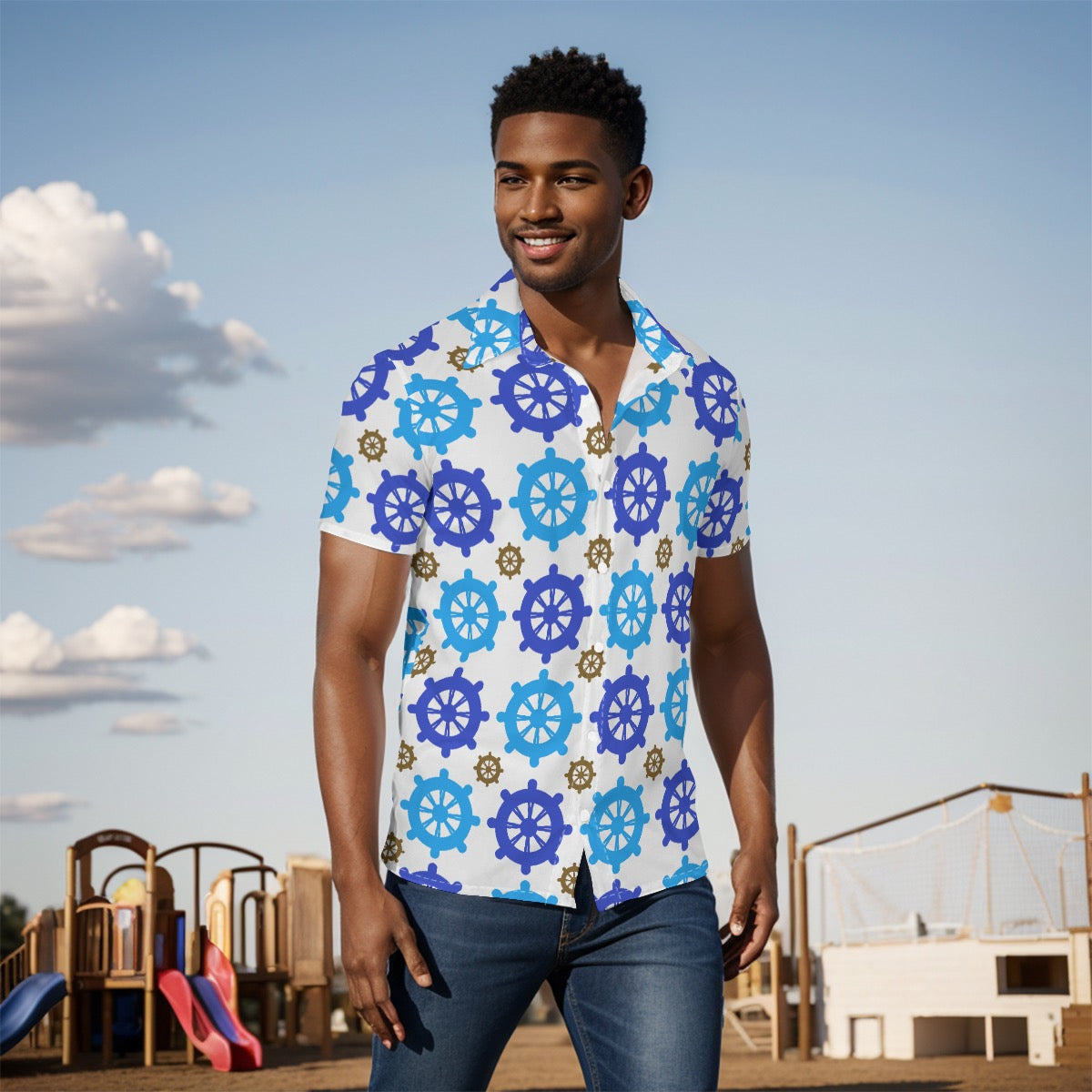 Captain's Wheel Geometric Cruise Shirt for Men - Blue White Pattern Summer Wear