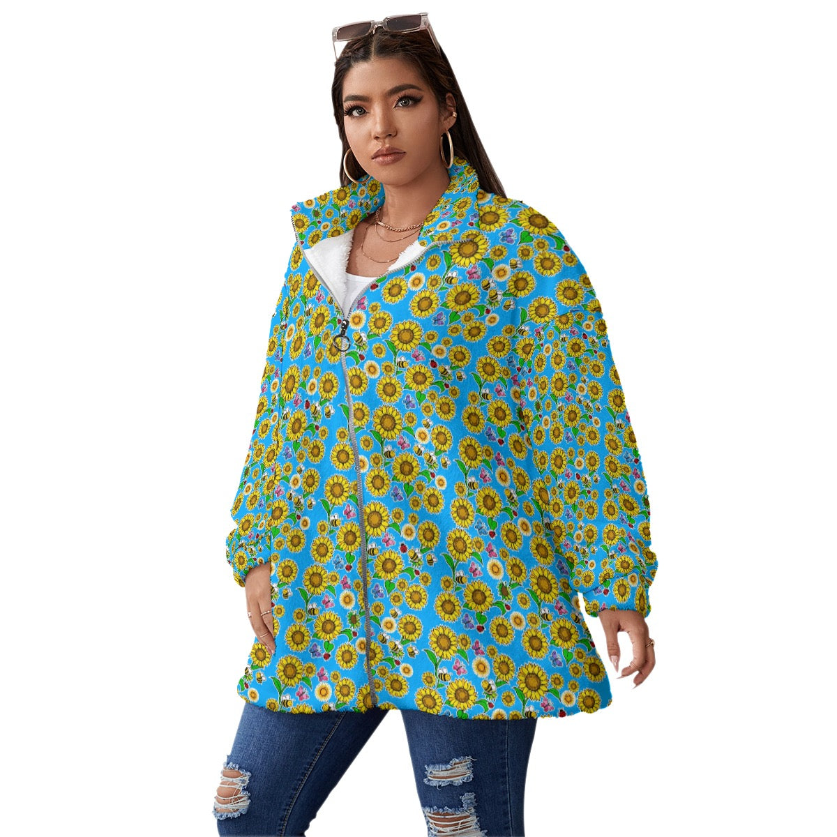 Sky Blue Sunflower Oversized Borg Fleece Coat – Cozy Zip-Up Winter Jacket