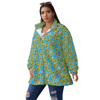 Sky Blue Sunflower Oversized Borg Fleece Coat – Cozy Zip-Up Winter Jacket