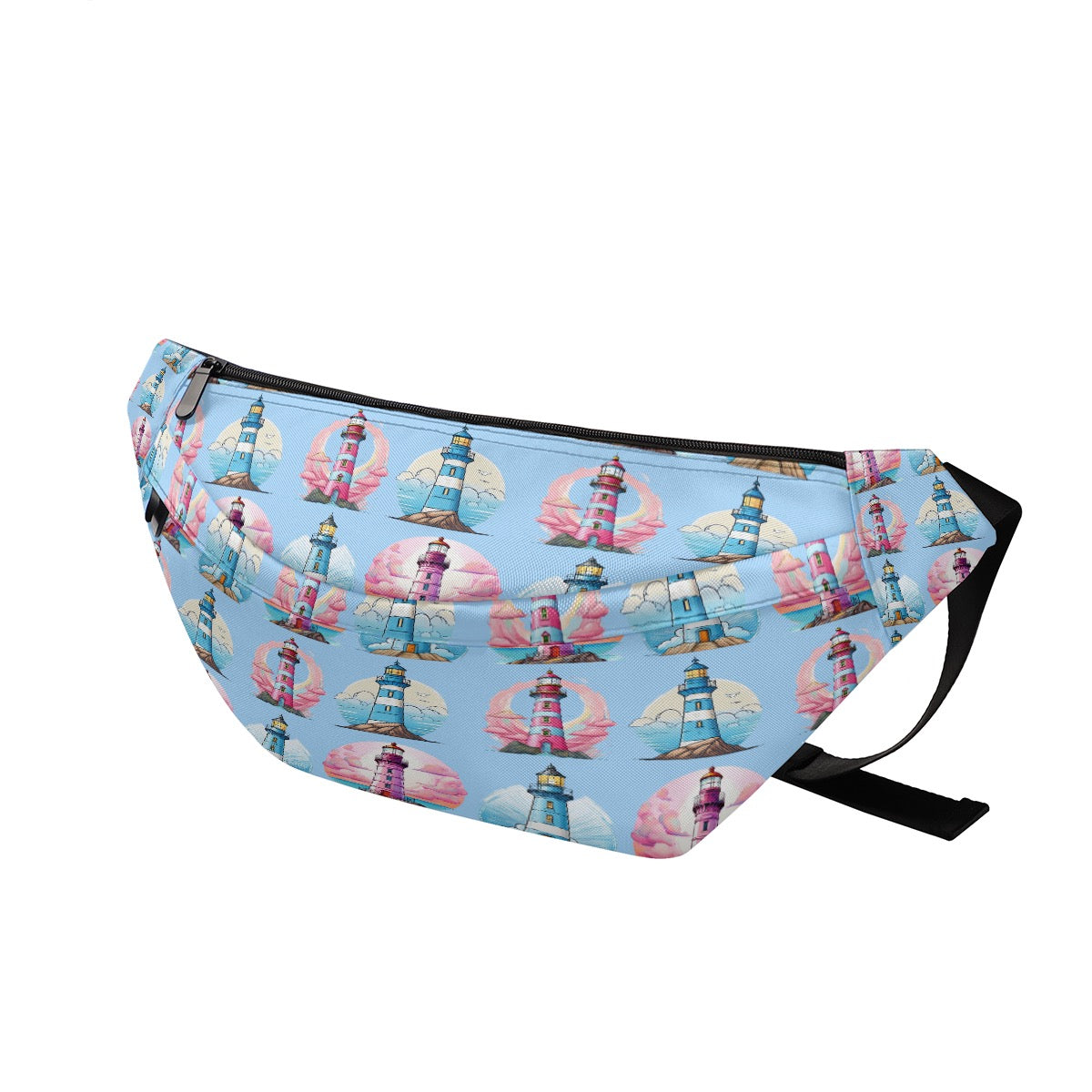 Pink & Blue Lighthouse Fanny Pack Nautical Travel Waist Bag | Cruise & Beach Access Large Fanny Bag