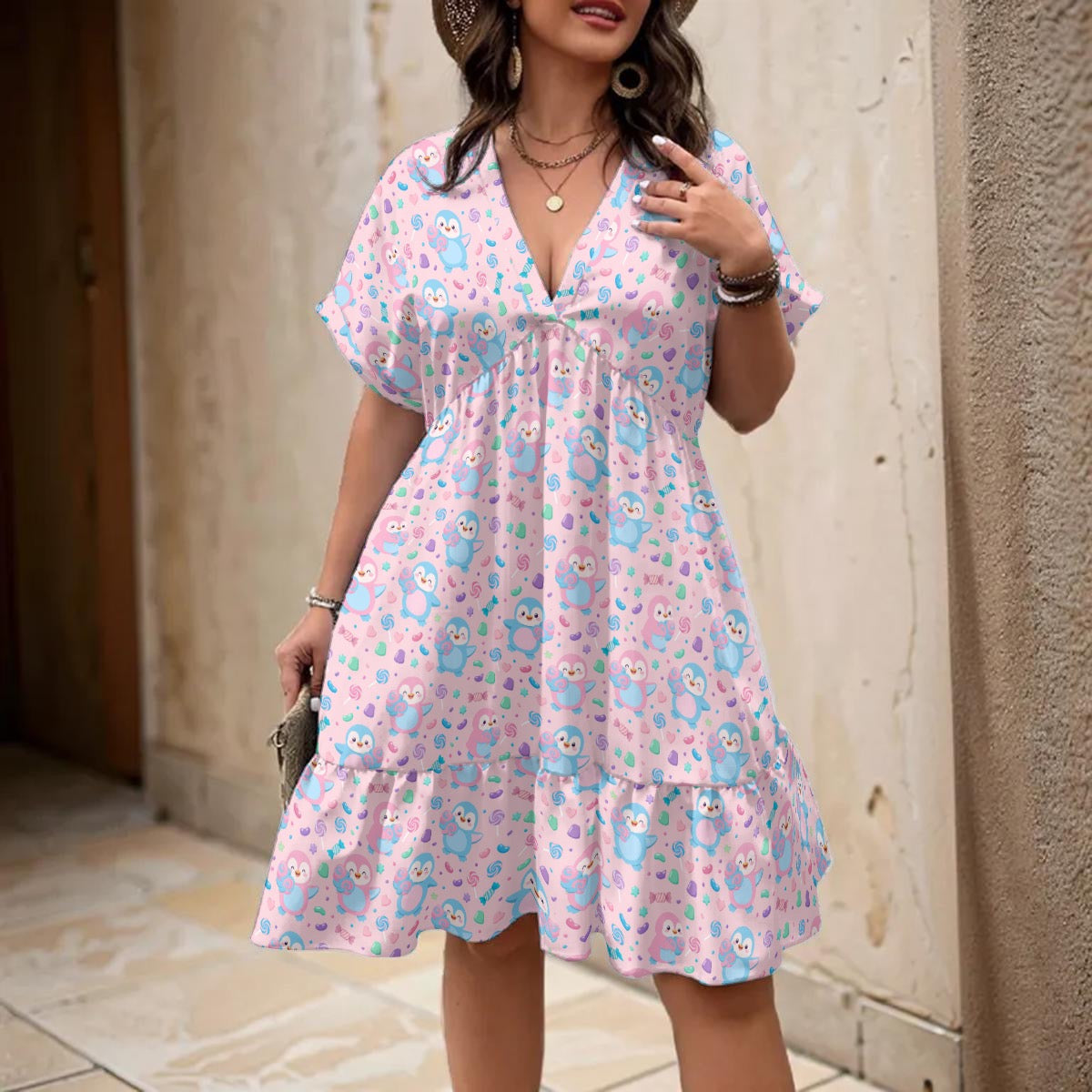 Women's Pink Cotton Candy Penguin Dress – Lightweight Flowy Dress