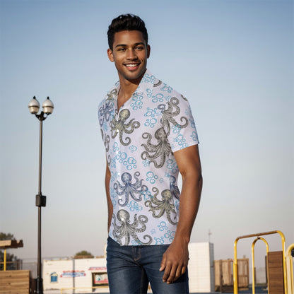 Blue Vintage Octopus Button-Up Shirt Nautical Ocean Print Men’s Beach & Cruise Top