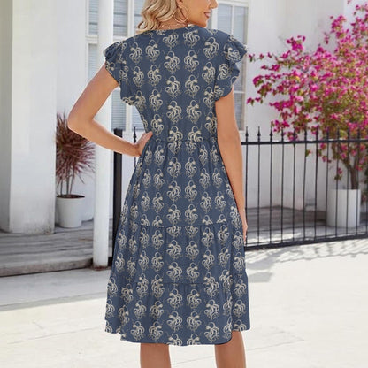 Ocean Blue Black & White Vintage Octopus Stretch Dress Cruise Dress Nautical Midi Dress With Pockets