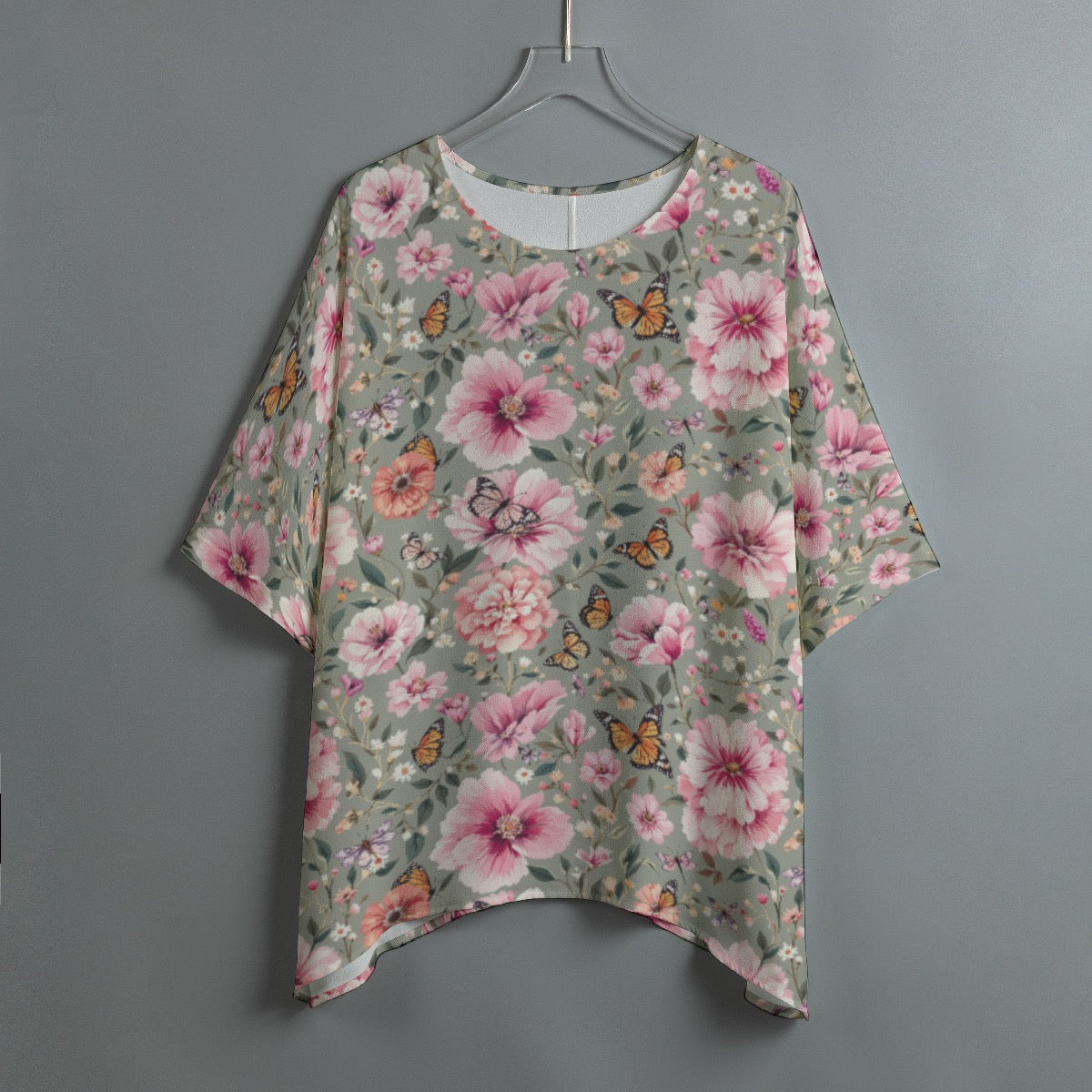 Butterfly & Floral Batwing Blouse Grey Pink Flower Boho Flowy Top