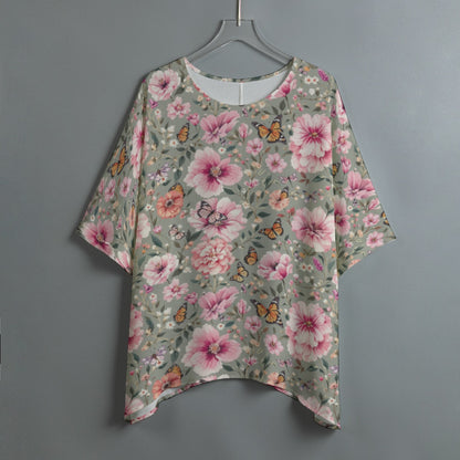 Butterfly & Floral Batwing Blouse Grey Pink Flower Boho Flowy Top