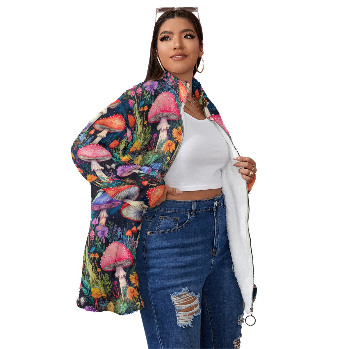 Women’s Mushroom Borg Fleece Jacket Cozy Spring Zip-Up Sherpa Coat Plus Size (see chart)