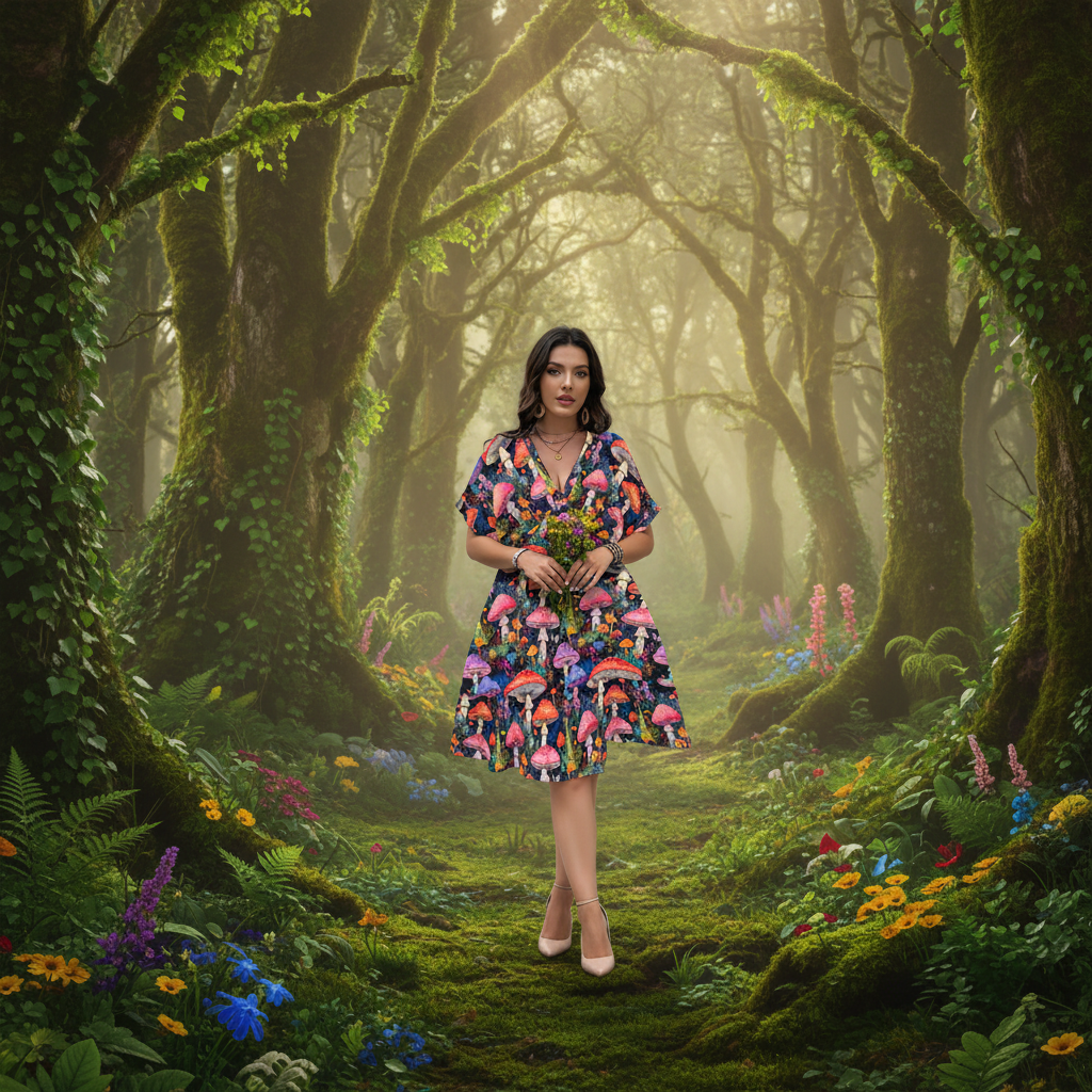 Mystic Mushrooms Trippy V-Neck Flow Dress for Women