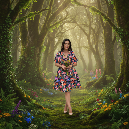 Mystic Mushrooms Trippy V-Neck Flow Dress for Women