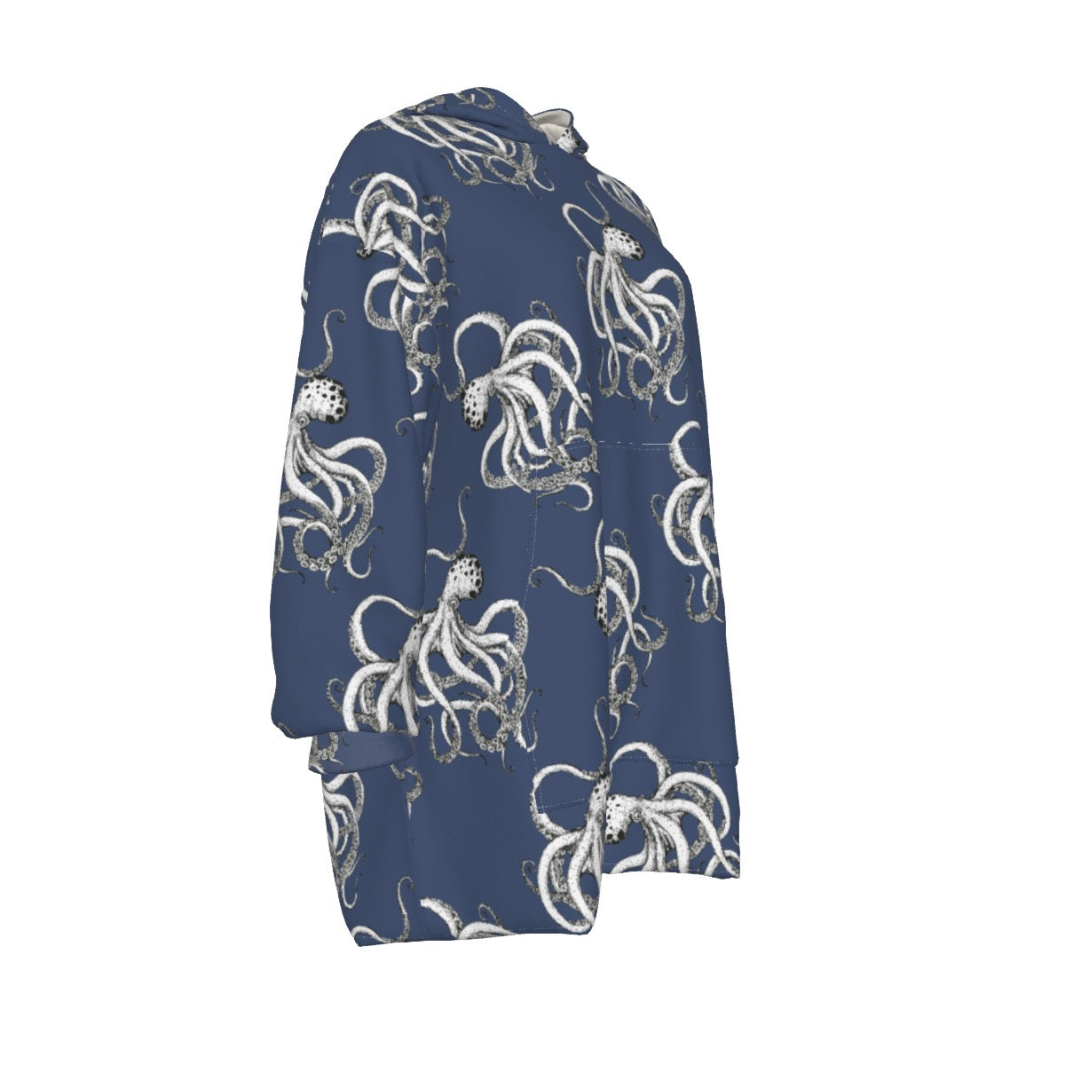 Navy Blue Vintage Octopus Print Cozy Fleece Oversized Sweatshirt Women's Sherpa Fleece Hoodie Blanket