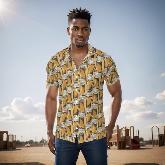 Men's Beer Mug Cruise Vacation Pattern Button Up Shirt - Breathable Stretch Fabric
