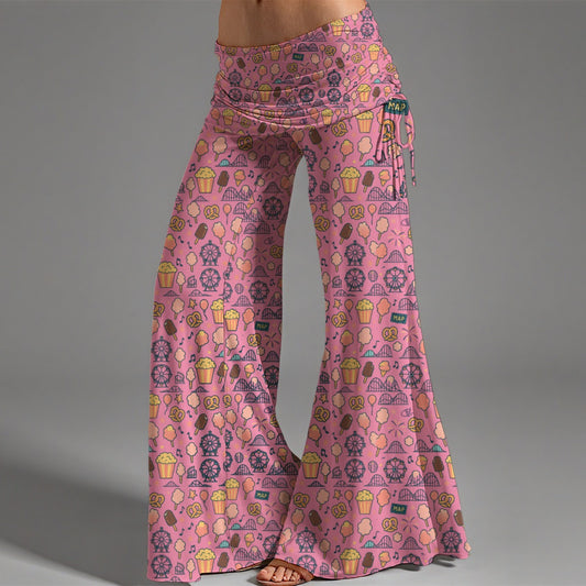 Women's High Waist Wide Leg Pants Pink Theme Park Travel Snacks Yoga Cotton Candy Pretzel Pattern