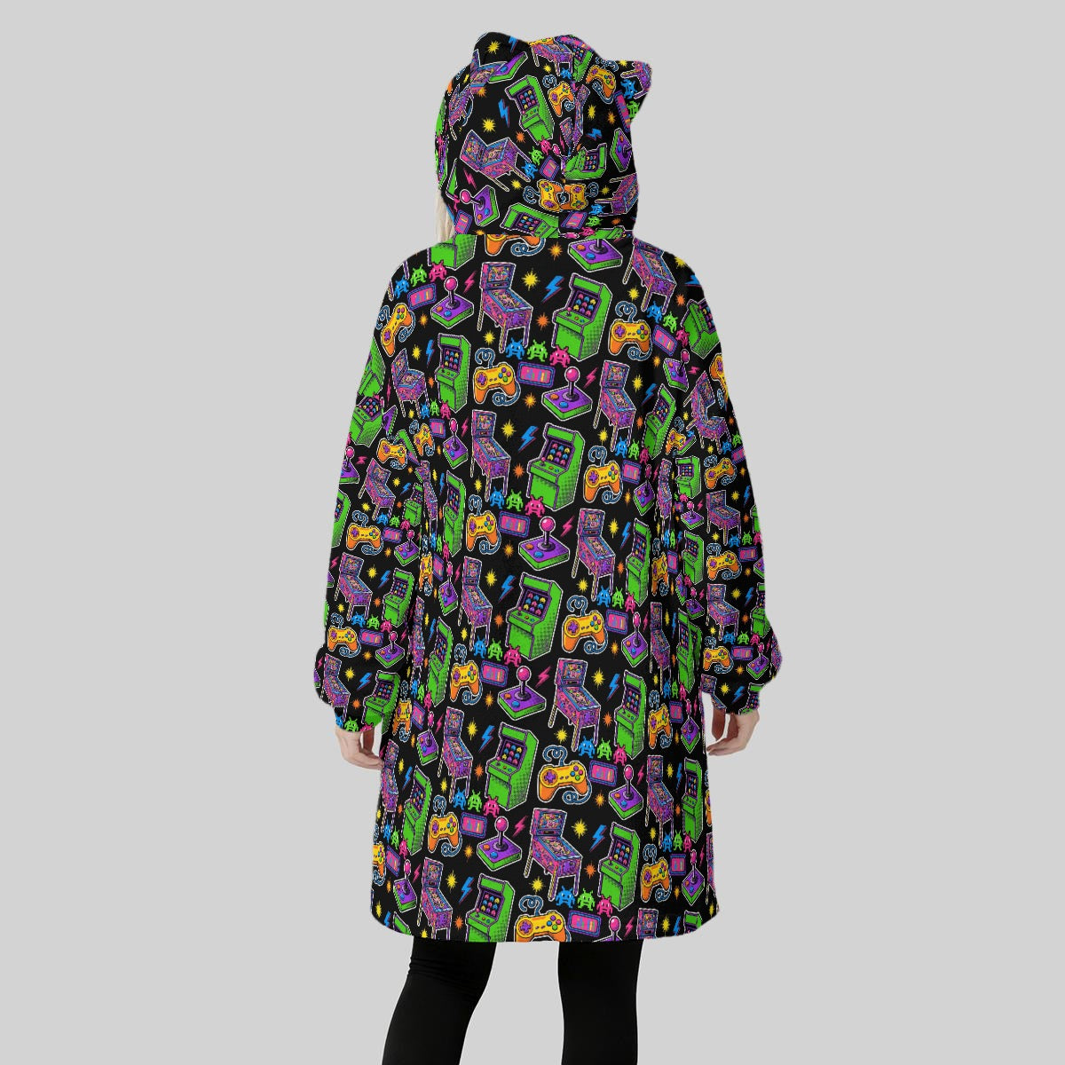 Women's Retro Pinball Arcade Blanket Hoodie with Cat Ears – Oversized Fleece Wearable Blanket