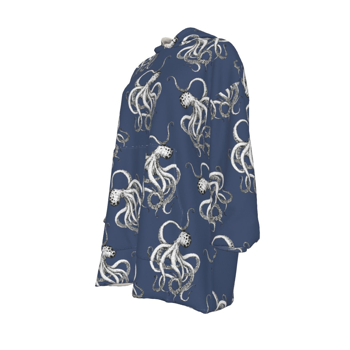 Navy Blue Vintage Octopus Print Cozy Fleece Oversized Sweatshirt Women's Sherpa Fleece Hoodie Blanket