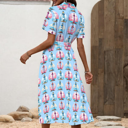 Women's Lighthouse Beach Shirt Dress with Waist Tie Lightweight Polyester Spandex Blend, Relaxed Fit