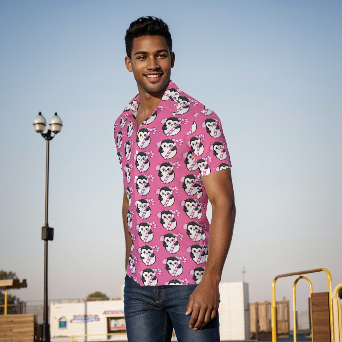 Matching Couples & Pets Christmas Shirt - Men's Hot Pink Penguin Holiday Button-Up