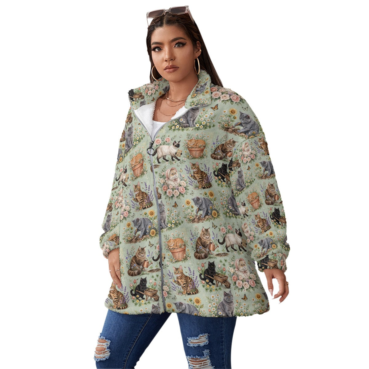 Unisex Gardening Cats Borg Fleece Coat Soft Cozy Green Cat Garden Jacket, Plus Size