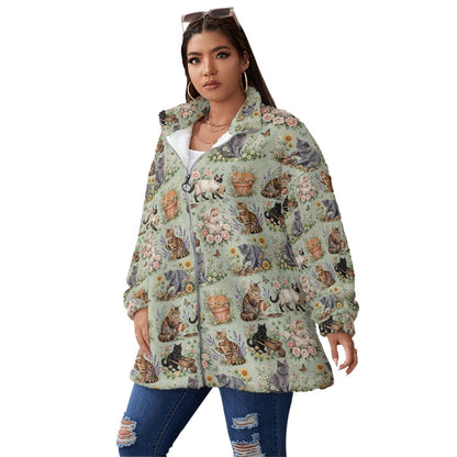 Unisex Gardening Cats Borg Fleece Coat Soft Cozy Green Cat Garden Jacket, Plus Size