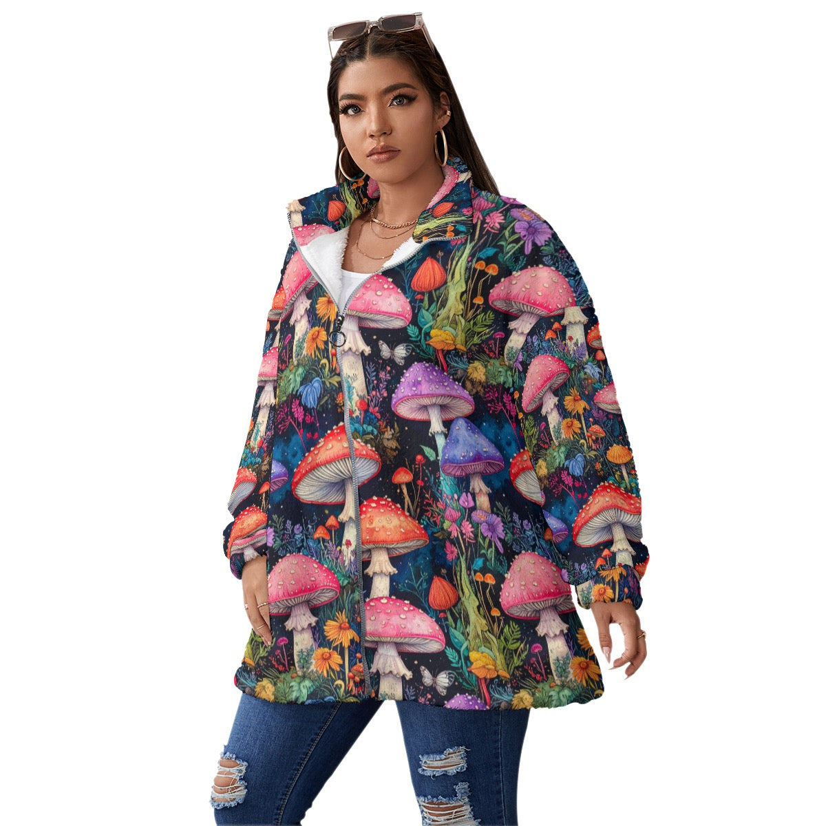 Women’s Mushroom Borg Fleece Jacket Cozy Spring Zip-Up Sherpa Coat Plus Size (see chart)