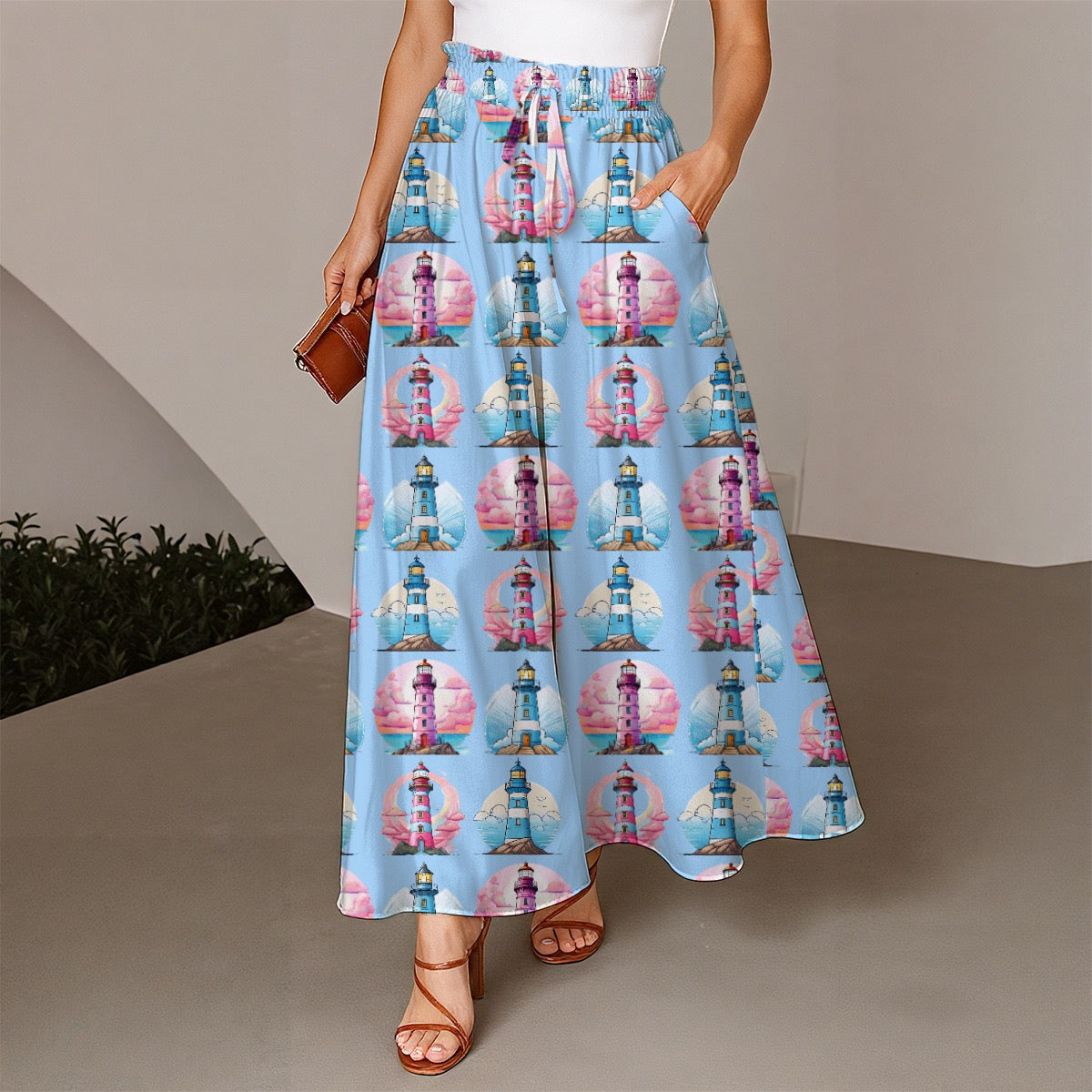 Women's Light Blue Lighthouse Vacation Pants Chic & Comfy Nautical Fashion