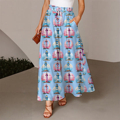 Women's Light Blue Lighthouse Vacation Pants Chic & Comfy Nautical Fashion