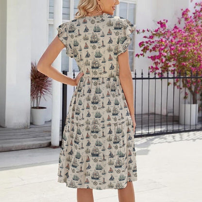 Women’s Vintage Sailboat Maxi Dress with Pockets – Nautical White Cruise & Beach Dress