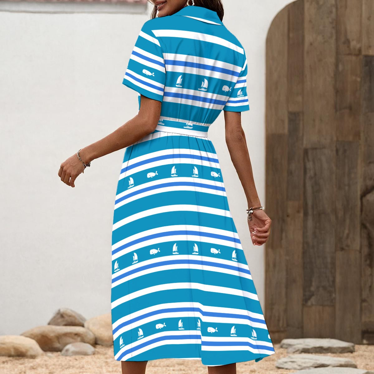 Blue & White Striped Sailboat & Whale Dress for Women – Nautical Cruise & Beach Vacation Outfit