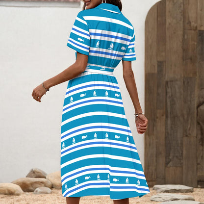 Blue & White Striped Sailboat & Whale Dress for Women – Nautical Cruise & Beach Vacation Outfit