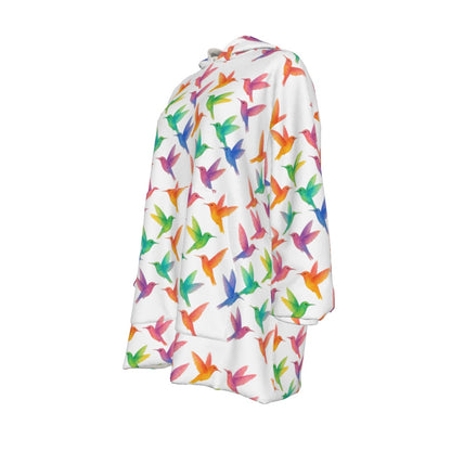 White Rainbow Garden Hummingbird Print Cozy Sweatshirt Sherpa Fleece Hoodie Blanket