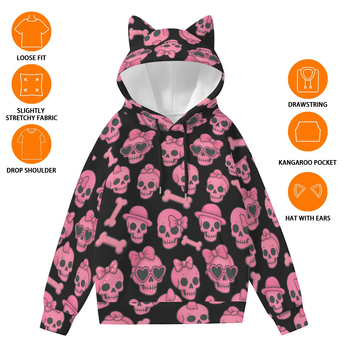 Pink Skull and Bones Cat Ears Hoodie for Women - Rockabilly Rock and Roll Style