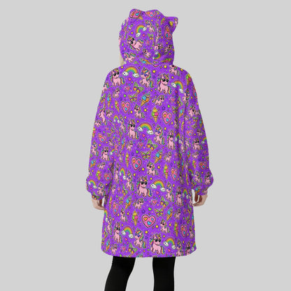 Women's Purple Unicorn Blanket Hoodie – Fun Fantasy Print Oversized Fleece Wearable Blanket with Cat
