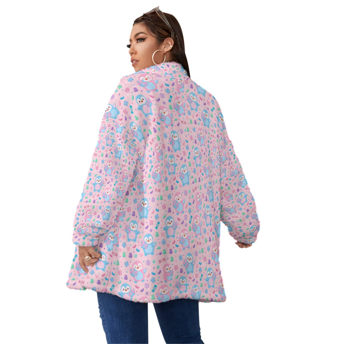 Unisex Pink Cotton Candy Borg Fleece Coat – Soft Cozy Zip Up Jacket, Plus Size