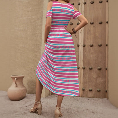Nautical Starfish Stripe Dress for Women Pink & Blue Pocket Dress With Open Shoulders