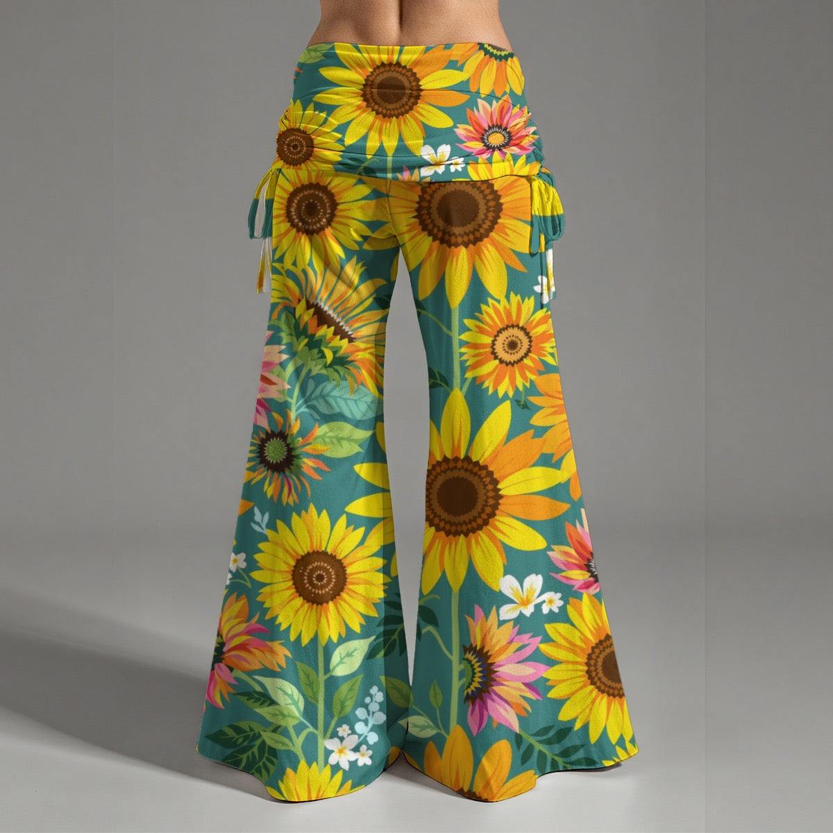 Aqua Green & Yellow Hippie Sunflower Yoga High Waist Wide Leg Pants