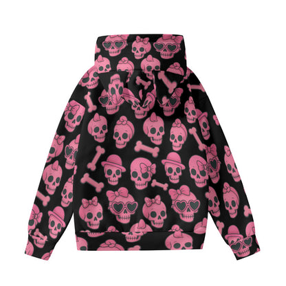 Pink Skull and Bones Cat Ears Hoodie for Women - Rockabilly Rock and Roll Style