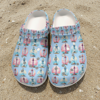 Pink & Blue Lighthouse Graphic Clogs Waterproof Beach & Cruise Shoes PastelWomen's Classic Shoes