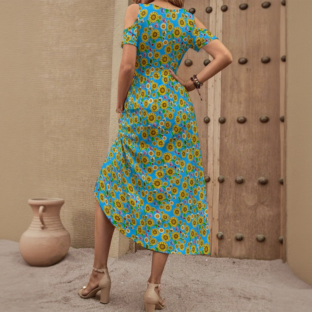 Baby Blue Sunflower Dress for Women – Floral Off-Shoulder V-Neck Dress