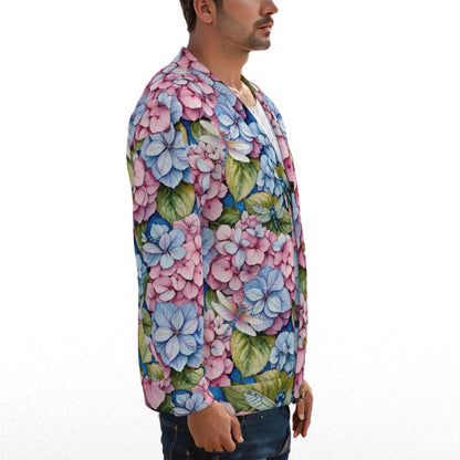 Unisex Garden Hydrangea Dragonfly V-Neck Hacci Fleece Cardigan with Floral Gardening Pattern