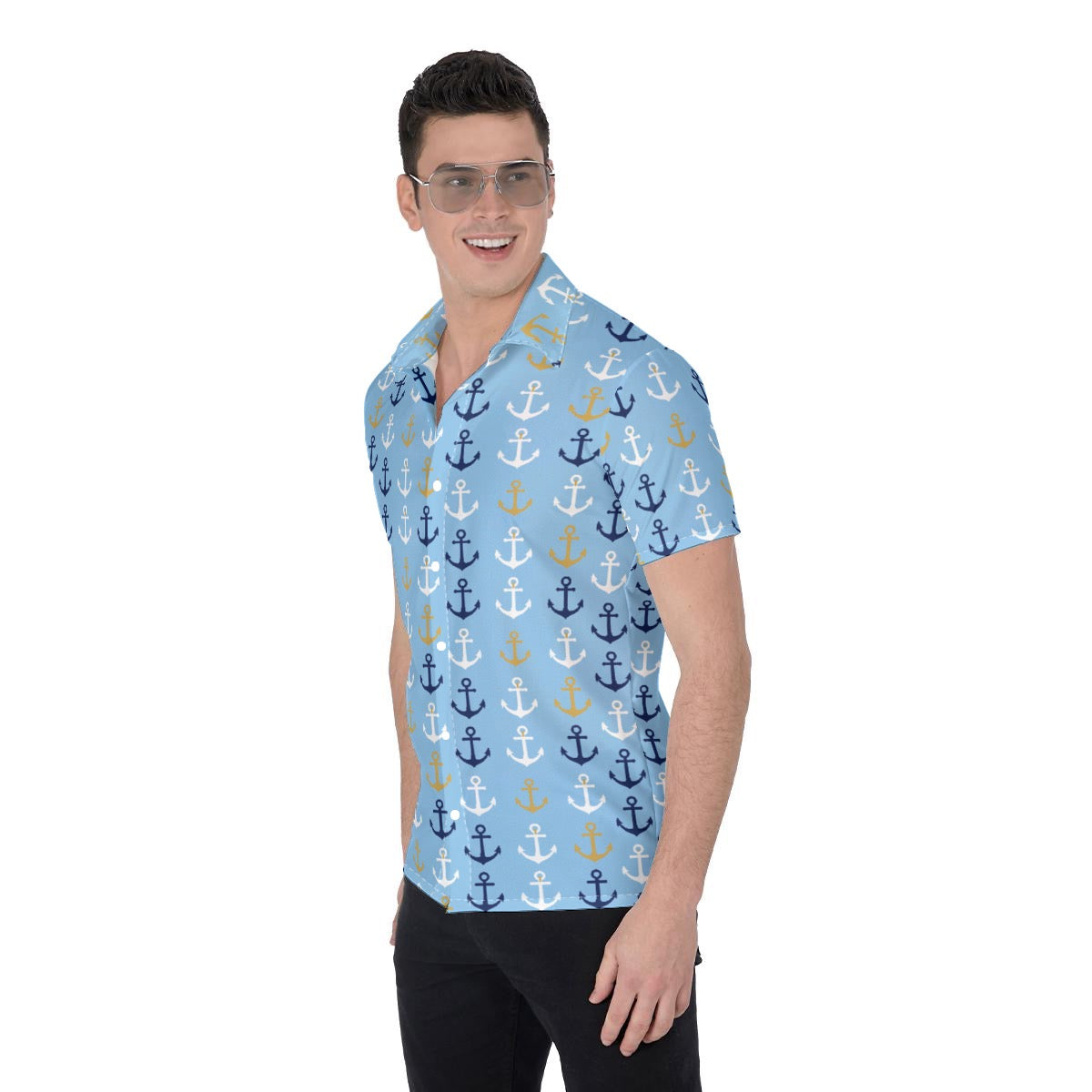 Men’s Nautical Blue Anchor Button Up Shirt Cruise Travel Coastal Cruise Shirt