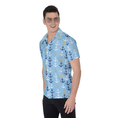 Men’s Nautical Blue Anchor Button Up Shirt Cruise Travel Coastal Cruise Shirt
