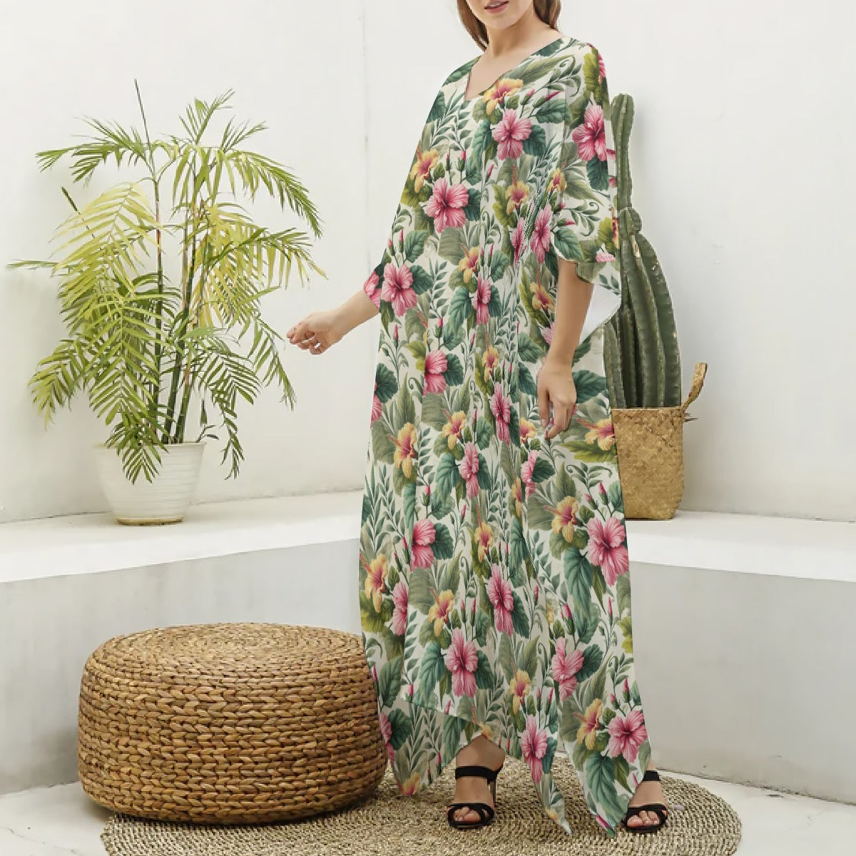 Hibiscus Imitation Silk V-Neck Kaftan Robe Dress