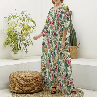 Hibiscus Imitation Silk V-Neck Kaftan Robe Dress