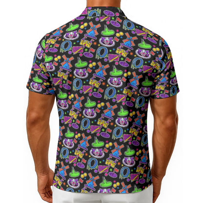 Men’s Blacklight Mini Golf Hawaiian Button-Up Shirt, Neon Glow Crazy Golf Print, Fun Vacation
