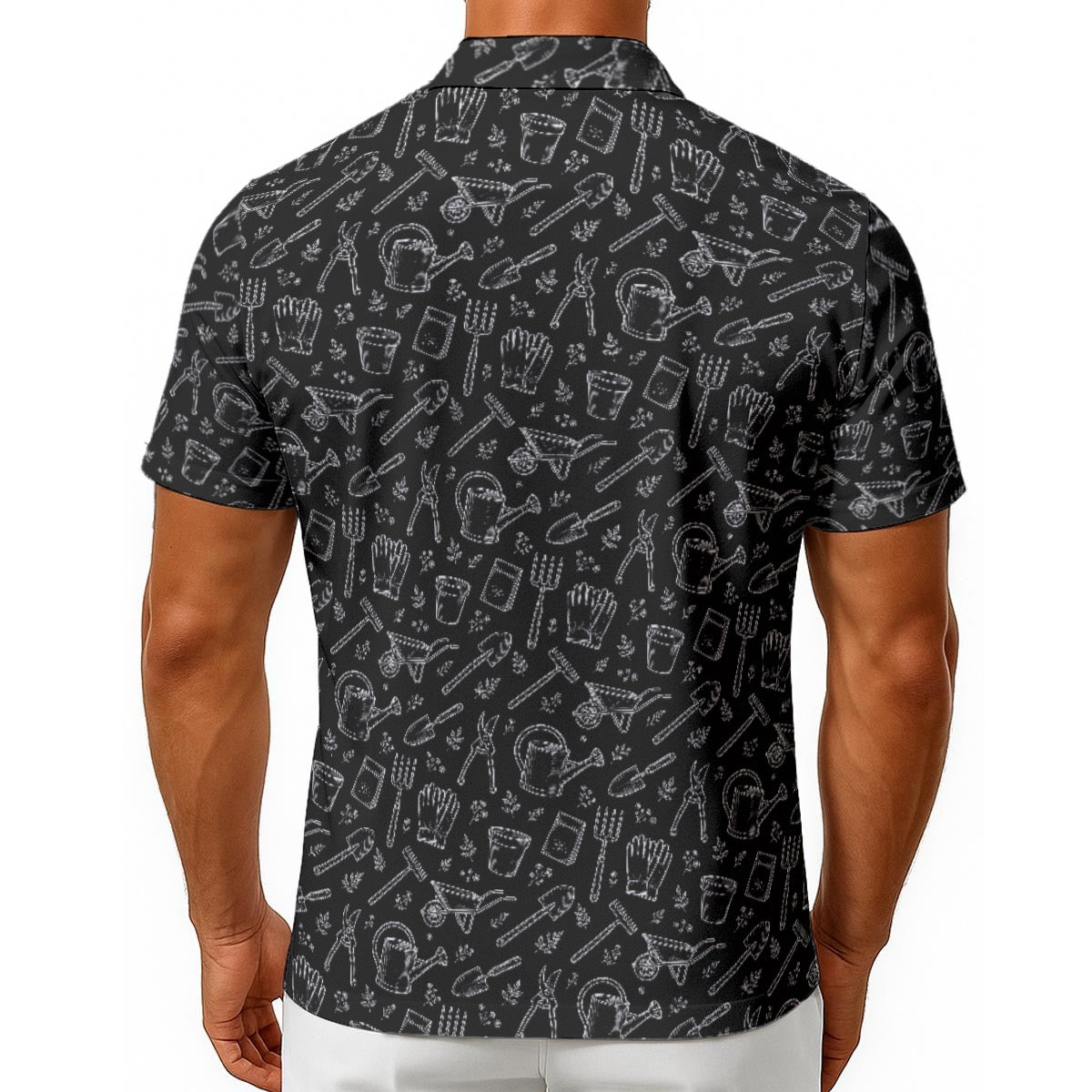 Men’s Vintage Botanical Gardening Hawaiian Button-Up Shirt, Black and White Plant Print, Gardener