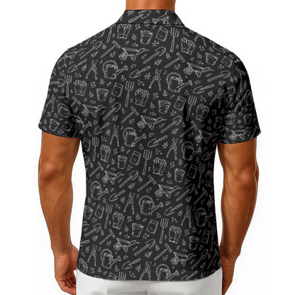 Men’s Vintage Botanical Gardening Hawaiian Button-Up Shirt, Black and White Plant Print, Gardener