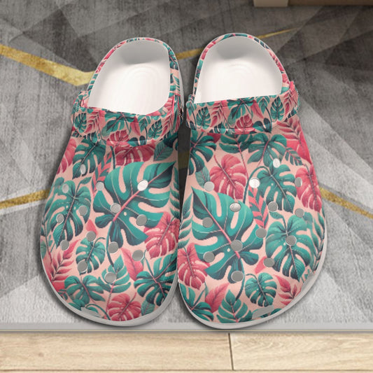 Women's Classic Clogs PINK AND GREEN TROPICAL LEAF Garden Clogs Lightweight Soft EVA Anti-Slip