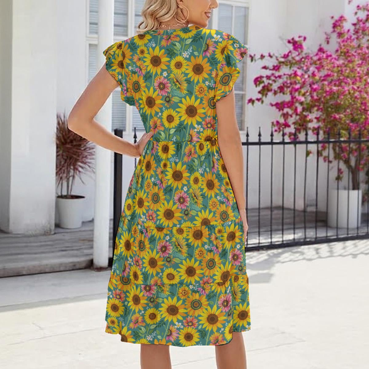Aqua Blue & Yellow Sunflower Flow Dress with Pockets Stretchy Gardening Attire