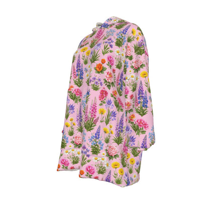 Pink Painted Floral Cozy Sweatshirt Women's Sherpa Fleece Hoodie Blanket