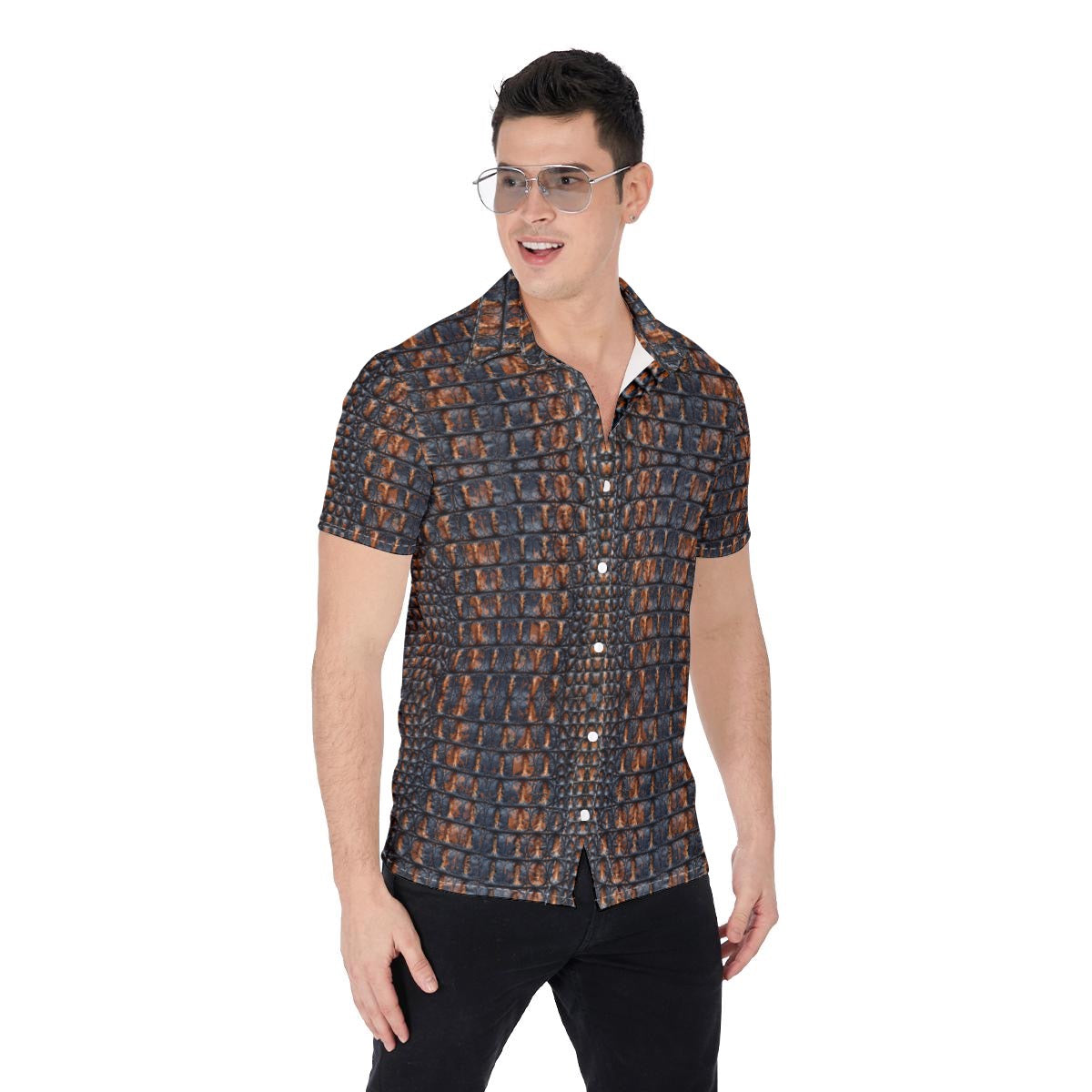 Men’s Florida Gators Inspired Blue & Orange Gator Skin Button Up Shirt – Stretchy Game Day Shirt
