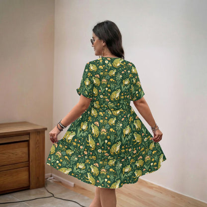 Green Spotted Frog Fairycore Loose Poly-Spandex Dr V-Neck Short Sleeve Dress